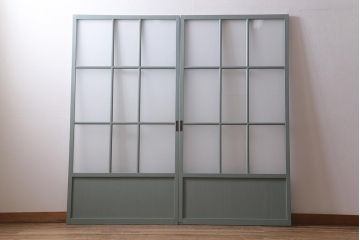 アンティーク建具　昭和中期　ペイント　当店オリジナルガラス・花菱模様　お洒落なガラス戸2枚セット(引き戸、建具)(R-041365)