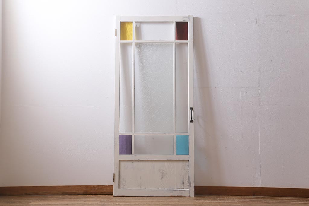 レトロ建具　ダイヤガラスと色ガラスがおしゃれなペイントドア(木製扉、開き戸、建具)(R-041368)