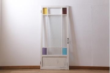レトロ建具　ダイヤガラスと色ガラスがおしゃれなペイントドア(木製扉、開き戸、建具)(R-041368)