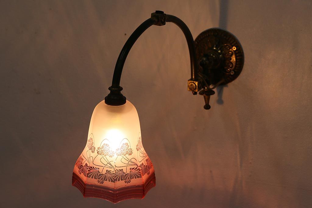 アンティーク照明　フランスアンティーク　エッチングガラスがおしゃれなウォールランプ(壁掛け照明、壁付け照明)(R-041377)