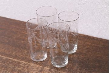 アンティーク雑貨　昭和初期　吹きガラス　切子グラス4個セット(和ガラス、コップ)(R-041389)