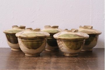 アンティーク雑貨　江戸明治期　時代物　古い織部焼蓋茶碗5客セット(和食器)(R-041390)