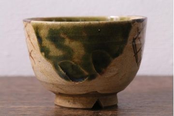 アンティーク雑貨　江戸明治期　時代物　古い織部焼蓋茶碗5客セット(和食器)(R-041390)