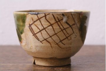 アンティーク雑貨　江戸明治期　時代物　古い織部焼蓋茶碗5客セット(和食器)(R-041390)