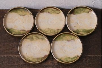 アンティーク雑貨　江戸明治期　時代物　古い織部焼蓋茶碗5客セット(和食器)(R-041390)