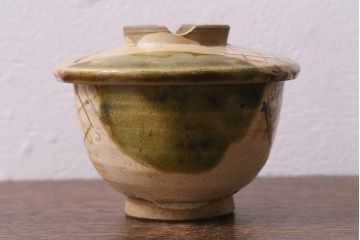 アンティーク雑貨　江戸明治期　時代物　古い織部焼蓋茶碗5客セット(和食器)(R-041390)