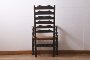 ビンテージ家具　松本民芸家具　#23型　ラッシ座面　山並みの背貫が素敵なラダーバックアームチェア(椅子)(定価約18.5万円)(R-041397)