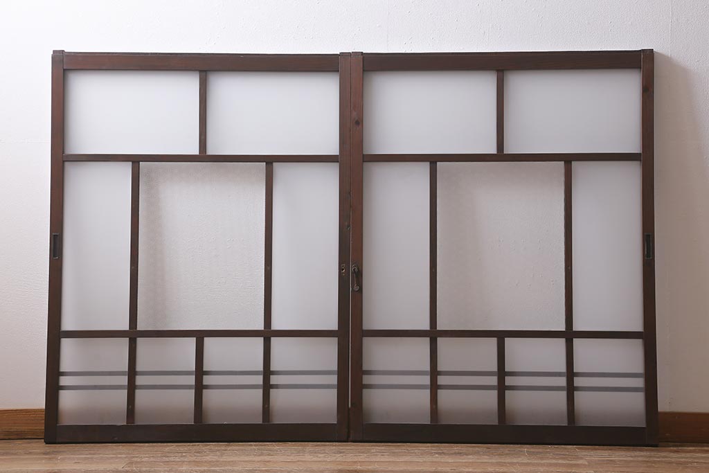 欄間　2枚セット　すりガラス付き　アンティーク　古民家 建具 四枚セット すりガラス 障子 ガラス 昭和 レトロ