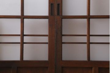 アンティーク建具　和製アンティーク　昭和初期　色ガラス・ダイヤガラス・すりガラス入り　色ガラスが目を引くガラス戸2枚セット(引き戸、建具)(R-041407)