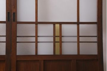 アンティーク建具　和製アンティーク　昭和初期　色ガラス・ダイヤガラス・すりガラス入り　色ガラスが目を引くガラス戸2枚セット(引き戸、建具)(R-041407)