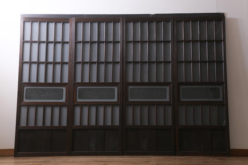 アンティーク建具　和製アンティーク　昭和初期　結霜ガラス・すりガラス　和モダンスタイルにおすすめなガラス戸4枚セット(引き戸、建具)(R-041408)