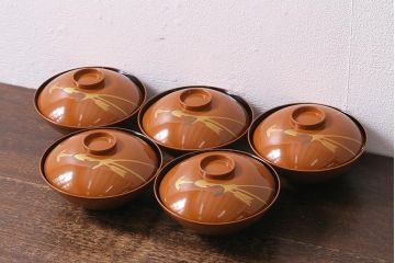 アンティーク雑貨　昭和初期　武具図　木製蒔絵椀5客セット(木製椀、蓋付椀、漆器)(R-041417)