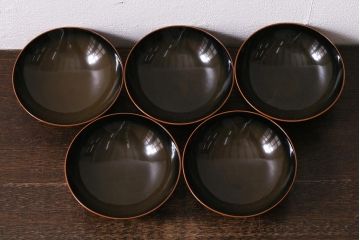 アンティーク雑貨　昭和初期　武具図　木製蒔絵椀5客セット(木製椀、蓋付椀、漆器)(R-041417)