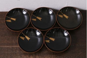 アンティーク雑貨　昭和初期　武具図　木製蒔絵椀5客セット(木製椀、蓋付椀、漆器)(R-041417)