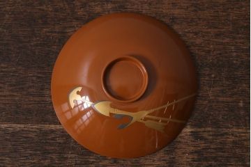 アンティーク雑貨　昭和初期　武具図　木製蒔絵椀5客セット(木製椀、蓋付椀、漆器)(R-041417)