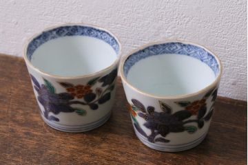 アンティーク雑貨　江戸期　古伊万里　色絵草花文蕎麦猪口2客セット(和食器)(R-041418)