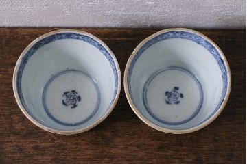 アンティーク雑貨　江戸期　古伊万里　色絵草花文蕎麦猪口2客セット(和食器)(R-041418)
