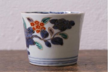 アンティーク雑貨　江戸期　古伊万里　色絵草花文蕎麦猪口2客セット(和食器)(R-041418)