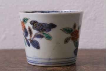 アンティーク雑貨　江戸期　古伊万里　色絵草花文蕎麦猪口2客セット(和食器)(R-041418)