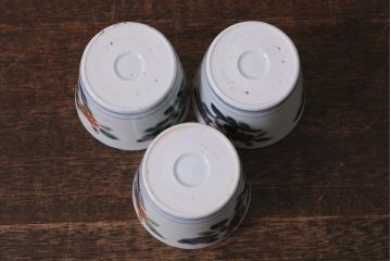 アンティーク雑貨　江戸期　古伊万里　色絵草花文蕎麦猪口3客セット(和食器)(R-041419)