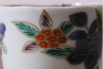 アンティーク雑貨　江戸期　古伊万里　色絵草花文蕎麦猪口3客セット(和食器)(R-041419)