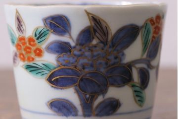 アンティーク雑貨　江戸期　古伊万里　色絵草花文蕎麦猪口3客セット(和食器)(R-041419)