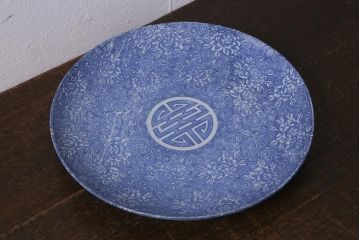 アンティーク雑貨　明治大正期　牡丹唐草印判尺皿(大皿、和食器)(R-041421)