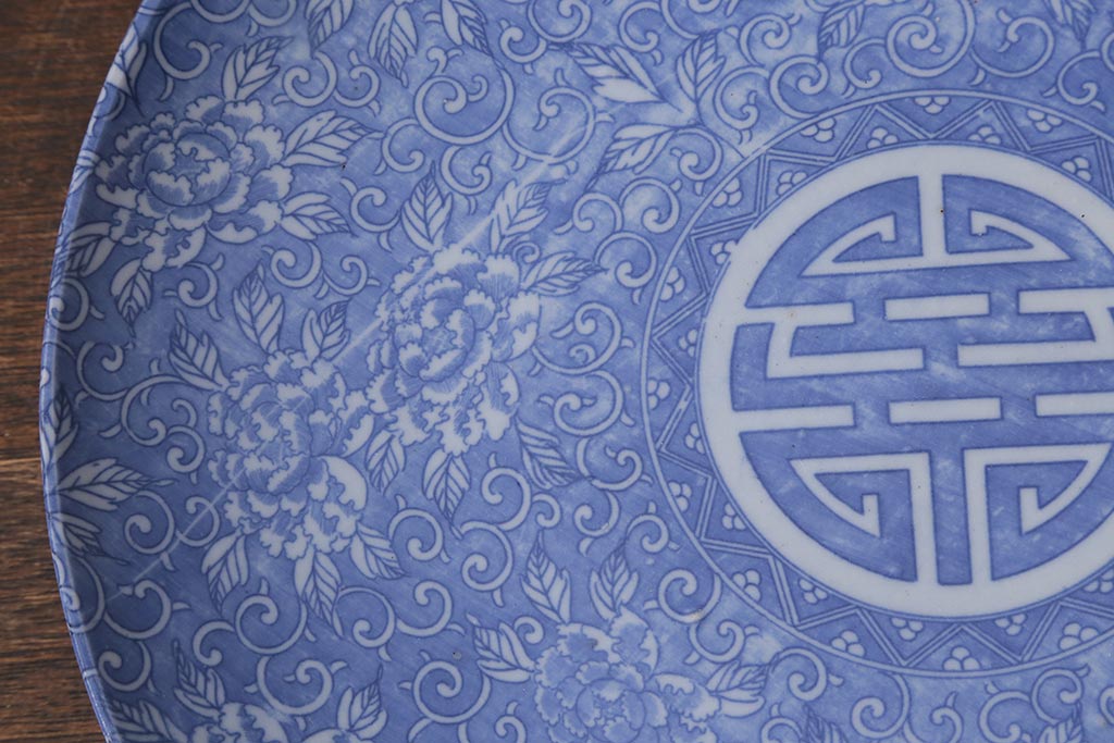 アンティーク雑貨　明治大正期　牡丹唐草印判尺皿(大皿、和食器)(R-041421)