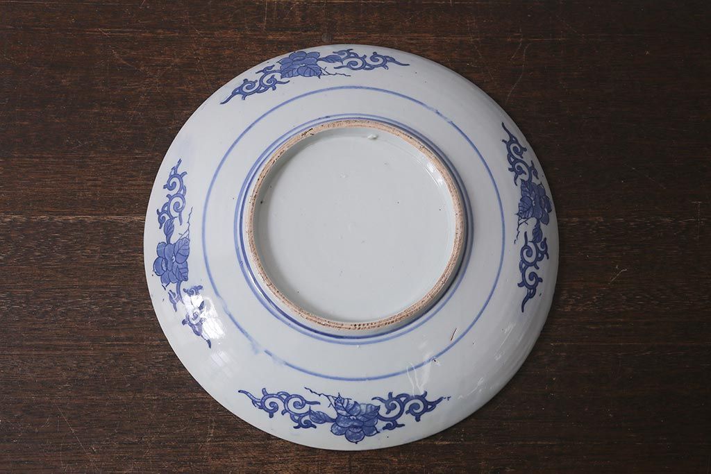 アンティーク雑貨　明治大正期　牡丹唐草印判尺皿(大皿、和食器)(R-041421)