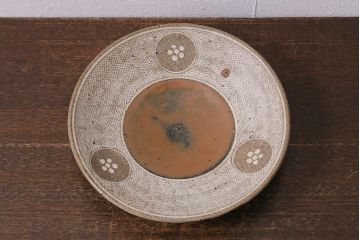 人間国宝　島岡達三　象嵌皿　共箱付き(縄文象嵌、益子焼、大皿)(R-041425)
