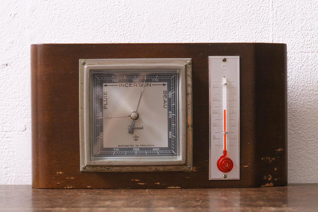 ヴィンテージ雑貨　木製　フランスビンテージの置き型バロメーター(気圧計、温度計、ディスプレイ雑貨)(R-041427)