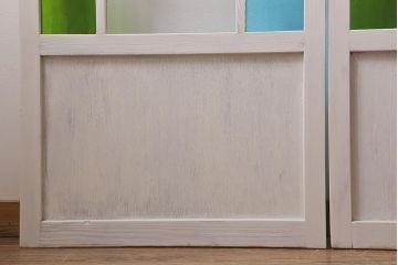 ビンテージ建具　ペイント　ブルーとグリーンの色ガラスが爽やかな印象のガラス戸4枚セット(引き戸、建具)(R-041440)