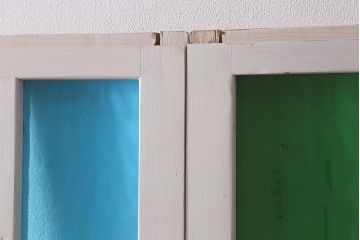 ビンテージ建具　ペイント　ブルーとグリーンの色ガラスが爽やかな印象のガラス戸4枚セット(引き戸、建具)(R-041440)