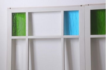 ビンテージ建具　ペイント　ブルーとグリーンの色ガラスが爽やかな印象のガラス戸4枚セット(引き戸、建具)(R-041440)