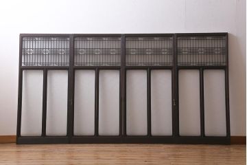 アンティーク建具　昭和初期　ダイヤガラス・すりガラス入り　凝ったデザインの組子がお洒落なガラス戸4枚セット(窓、書院戸、引き戸)(R-041447)