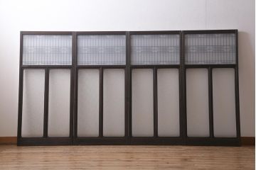 アンティーク建具　昭和初期　ダイヤガラス・すりガラス入り　凝ったデザインの組子がお洒落なガラス戸4枚セット(窓、書院戸、引き戸)(R-041447)