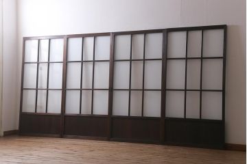 アンティーク建具　昭和初期　すりガラス・当店オリジナルガラス入り　麻の葉模様がお洒落なアクセントのガラス戸4枚セット(引き戸)(R-041451)