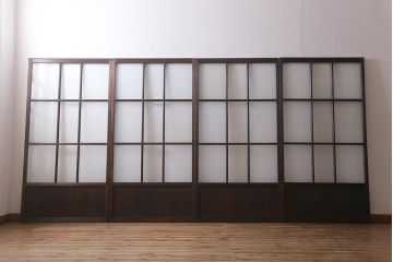 アンティーク建具　昭和初期　すりガラス・当店オリジナルガラス入り　麻の葉模様がお洒落なアクセントのガラス戸4枚セット(引き戸)(R-041451)