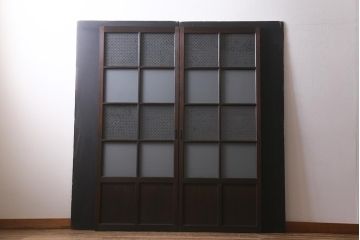 アンティーク建具　和製アンティーク　昭和初期　すりガラス・当店オリジナルガラス　変わり花菱模様のガラスがレトロなガラス戸2枚セット(引き戸、建具)(R-041456)