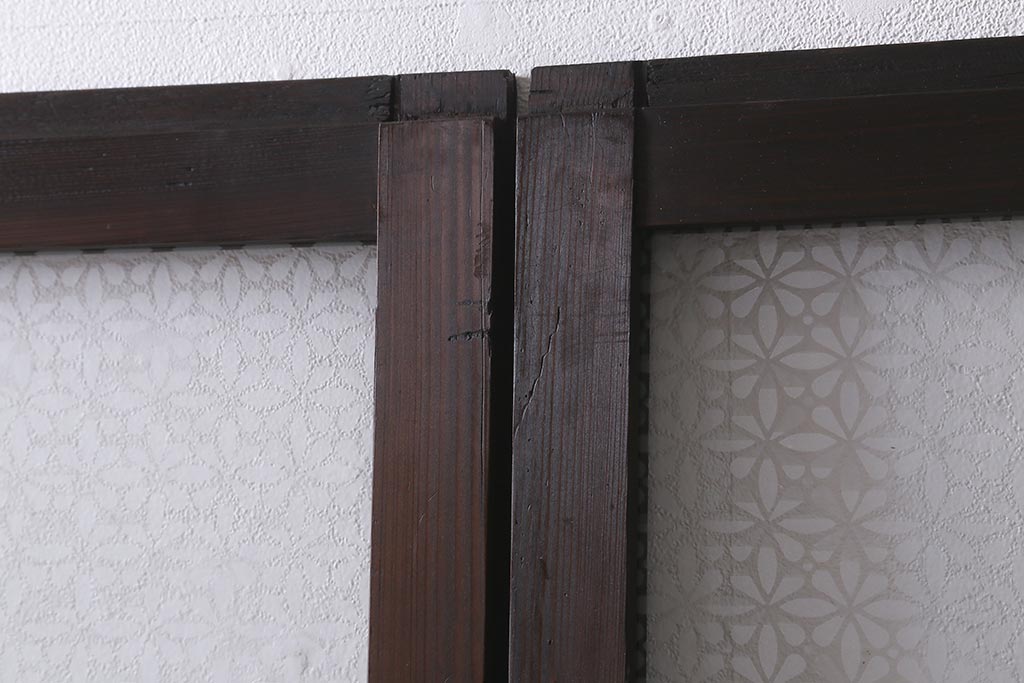 アンティーク建具　和製アンティーク　昭和初期　すりガラス・当店オリジナルガラス　変わり花菱模様のガラスがレトロなガラス戸2枚セット(引き戸、建具)(R-041456)