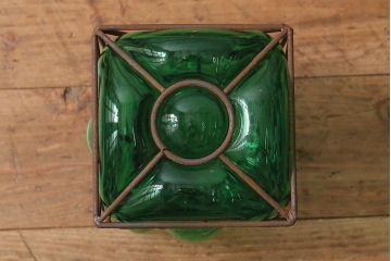 海外ヴィンテージ　アイアンフレーム　吹きガラス　グリーンの色ガラスがおしゃれなペンダントライト(ビンテージ)(R-041466)