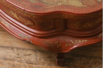 アンティーク雑貨　明治〜大正　朱塗金蒔絵木製花台(中国風俗画唐物)(R-041556)