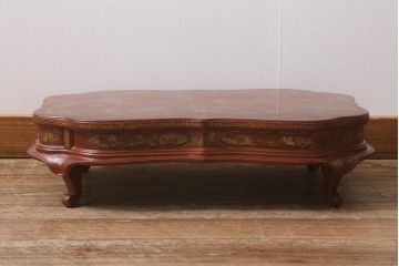 アンティーク雑貨　明治〜大正　朱塗金蒔絵木製花台(中国風俗画唐物)(R-041556)