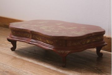 アンティーク雑貨　明治〜大正　朱塗金蒔絵木製花台(中国風俗画唐物)(R-041556)
