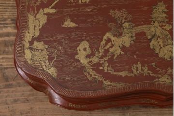 アンティーク雑貨　明治〜大正　朱塗金蒔絵木製花台(中国風俗画唐物)(R-041556)