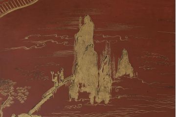 アンティーク雑貨　明治〜大正　朱塗金蒔絵木製花台(中国風俗画唐物)(R-041556)