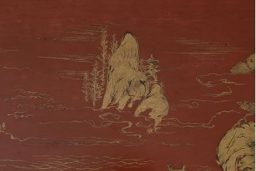 アンティーク雑貨　明治〜大正　朱塗金蒔絵木製花台(中国風俗画唐物)(R-041556)