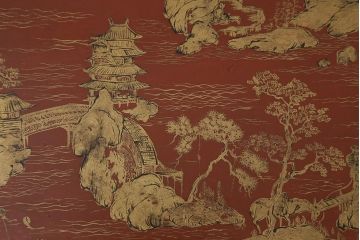 アンティーク雑貨　明治〜大正　朱塗金蒔絵木製花台(中国風俗画唐物)(R-041556)