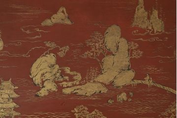 アンティーク雑貨　明治〜大正　朱塗金蒔絵木製花台(中国風俗画唐物)(R-041556)