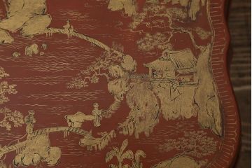 アンティーク雑貨　明治〜大正　朱塗金蒔絵木製花台(中国風俗画唐物)(R-041556)